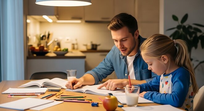 Father And Daughter Doing Homework.