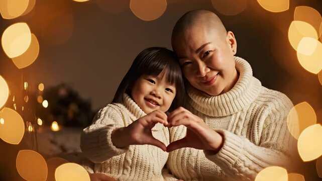 Madre con c&aacute;ncer y su hija peque&ntilde;a haciendo un coraz&oacute;n con las manos bajo luces c&aacute;lidas; s&iacute;mbolo de esperanza, resiliencia y amor familiar incondicional para campa&ntilde;as de salud.