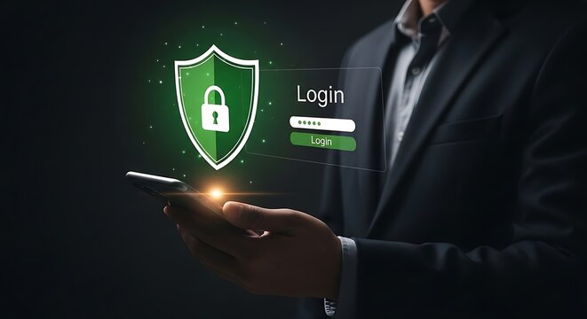 Man in suit holding smartphone with glowing digital security shield and login interface lock