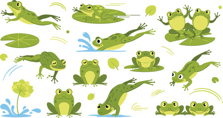 Naklejka premium Cute Frog Cartoon Character Vector Set with Jumping, Swimming, Sitting Poses, Lily Pads, and Playful Amphibian Wildlife Illustrations for Kids and Nature Designs.