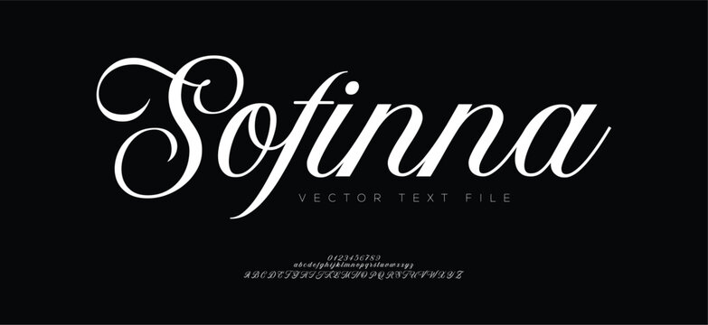 Sofinna, Script luxury wedding alphabet letters font with tails. Typography elegant classic serif fonts and number decorative vintage retro concept for logo branding. vector illustration
