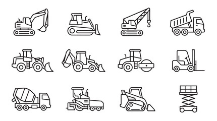 Heavy construction machinery icon set line art with heavy equipment, dump truck © MdAiyub