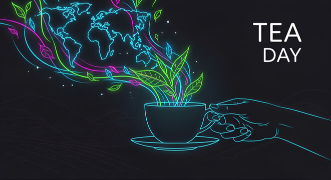 World Map Energy From Tea Cup With Neon Swirls and Leaves