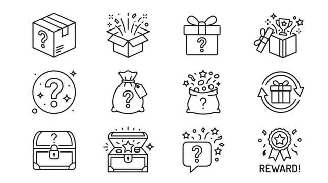 Mystery gift and reward icon set line art with gift box question mark surprise
