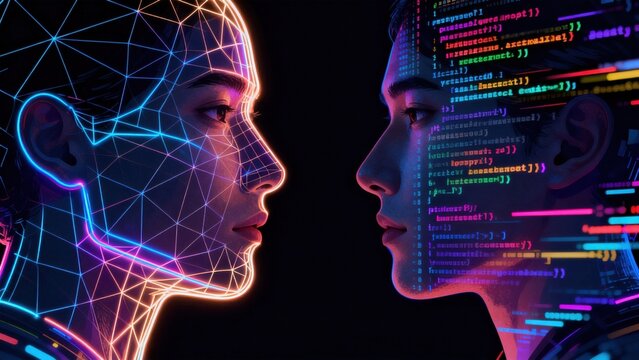 Two faces with digital code and lines