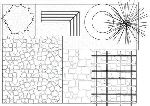Landscape Architecture Site Plan Drawing Featuring Garden Layout Elements and Paving Patterns in Minimalist Black and White Vector