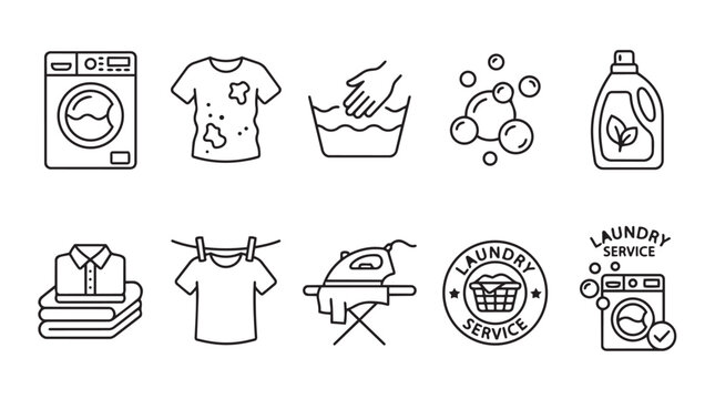 Set of hand-drawn icons related to laundry and clothing care with washing machin