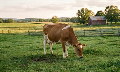 Obraz premium A beautiful brown and white cow grazing peacefully in a lush green pasture during a golden sunset. In the background, a traditional red wooden barn stands under a soft sky, capturing the essence of se
