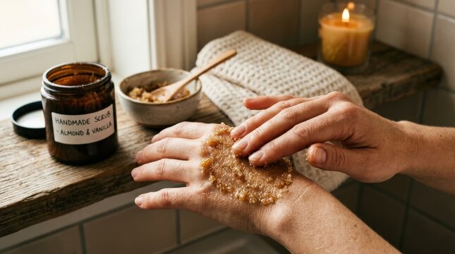 A brown sugar exfoliation skincare ritual in close-up, grainy texture, warm earthy tones and gentle hands, soft bathroom light with a relaxing indulgent atmosphere, ultra-realistic, no logos.