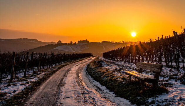 Sunset over a snowy vineyard with a winding road wooden bench and hills under a warm glowing orange yellow sky generative AI