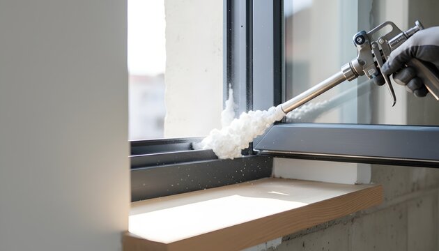 Professional construction worker sealing insulation near window with expanding spray foam during a home renovation project for thermal energy efficiency concept