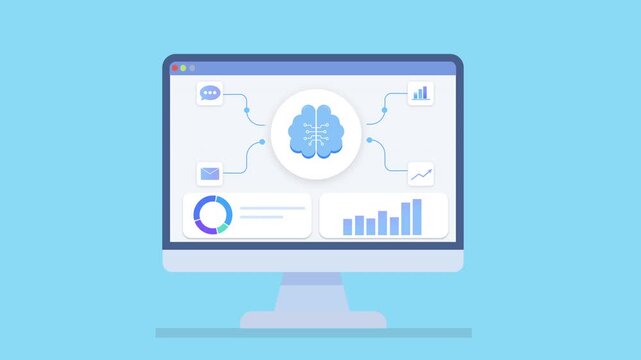 Clean animation of a desktop monitor displaying AI cloud analytics dashboard with connected nodes, charts, and data visualization, representing machine learning and digital workflow systems.