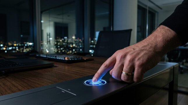 A hand touching a sensor to access a smart device in a modern workspace at night, subtle blue interface glow, sleek surfaces and secure digital atmosphere, ultra-realistic, no logos.