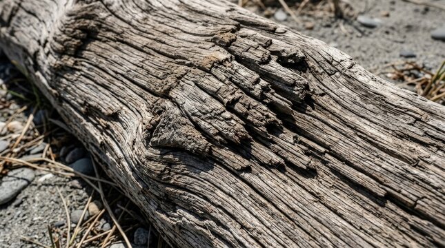A macro view of aged driftwood showing pronounced timber lines, fractured ridges and coarse natural texture, hard lateral illumination, dry coastal minimalism, ultra-realistic, no logos.