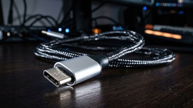 A USB cable illuminated by a flash of light, connector tip, glossy sheath and dynamic reflections suggesting fast modern connection, ultra-realistic, no logos.