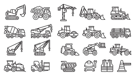Assortment of construction vehicles, machinery, and safety equipment icons © MdAiyub