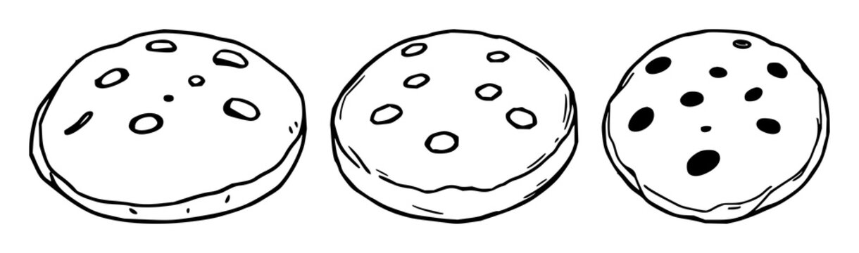 Cookie set with single cookie rendered in black line art on clean white background featuring confectionery, sweet, illustration with desserts and pastries