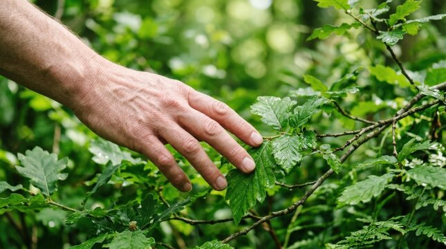 A hand reaching toward leaves and branches in close-up, skin against natural texture, shallow depth of field and fresh green tones, soft daylight and connected reflective atmosphere, ultra-realistic,