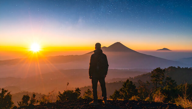 Hiker standing on rocky hilltop with backpack facing mountain under starry sky with sunset glow and fog in peaceful landscape generative AI