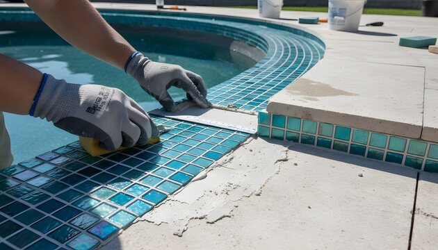 Professional builder tiling a swimming pool with blue mosaic tiles during a home renovation project, manual labor for house maintenance and repair concept