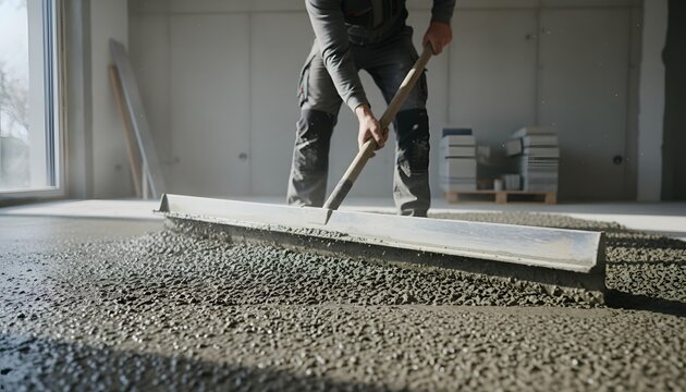Professional man applying screed with shovel on indoor floor surface for home renovation concept, skilled contractor leveling concrete during repair and construction project