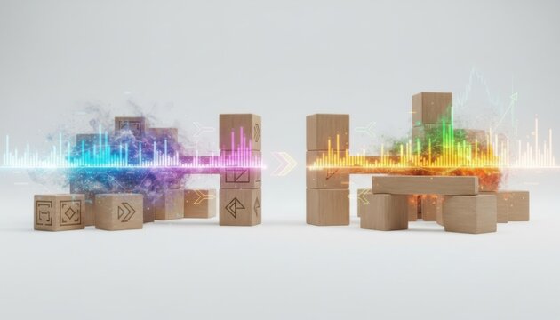 Futuristic Digital Light Cubes Volumetric Projections in a Glowing Tech