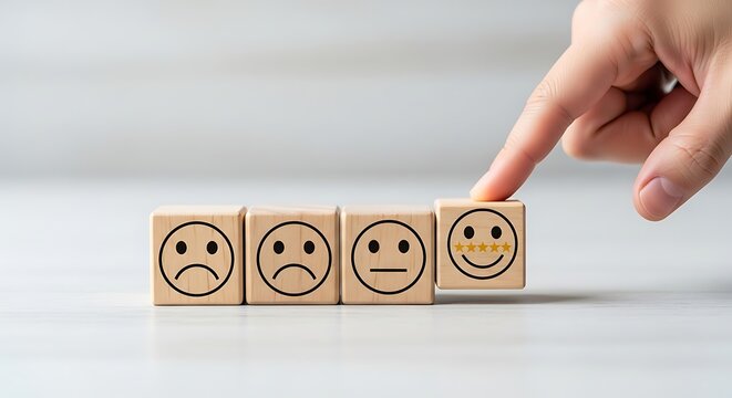 Hand selecting wooden cube with smiling face and five stars, rating customer satisfaction wooden cubes