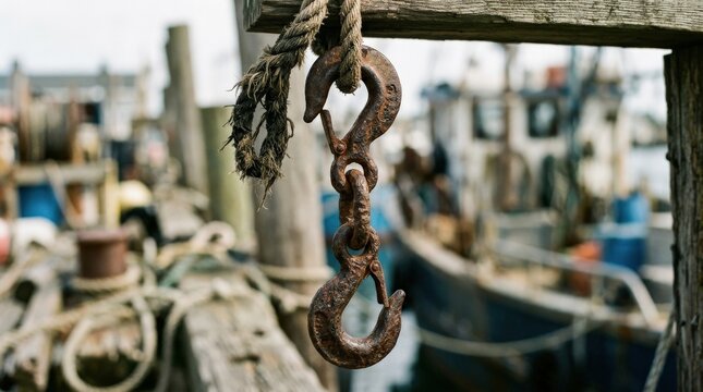 Two rusted hooks linked by a worn connection, pitted metal and soft background blur, resilient understated atmosphere, ultra-realistic, no logos.