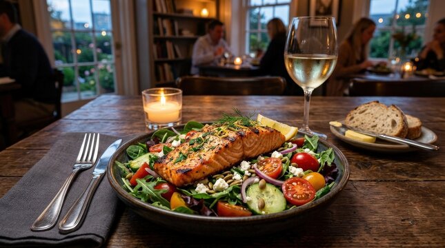 A grilled salmon salad on a dinner table, fresh greens, glossy tomatoes and warm plated details under soft evening light, inviting refined dining atmosphere, ultra-realistic, no logos.