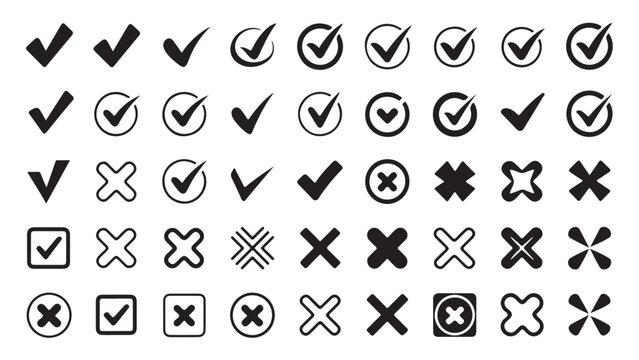 Black and white checkmark and cross set on grid square