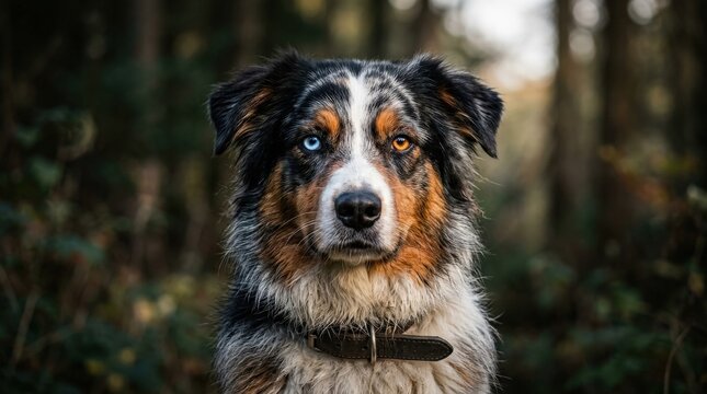 A dog with one blue eye and one orange eye staring into the lens, detailed fur, strong gaze, shallow depth of field and a striking unforgettable atmosphere, ultra-realistic, no logos.