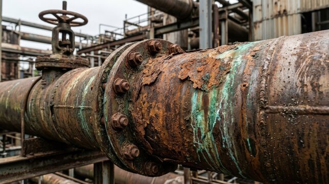 A close-up of a corroded industrial steel pipe, rust flakes, pitted surfaces, green verdigris stains and heavy mechanical detail under overcast light, ultra-realistic, no logos.