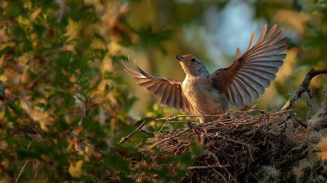 felonious. A young bird's first flight from the nest during the golden morning light. wildlife magazines, conservation campaigns, designed for nature documentaries and education.