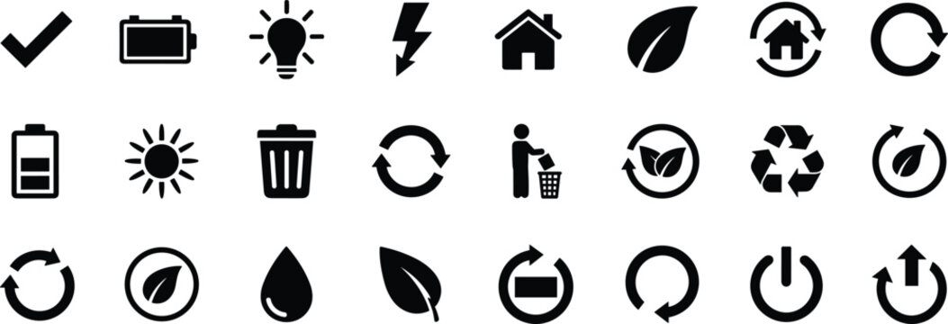 Eco friendly energy and sustainability icon collection featuring battery, light bulb, recycling, leaf, water droplet, sun, and power symbols