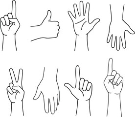 Fototapeta premium Hand gesture illustration collection featuring pointing, thumbs up, peace sign, open palm, and expressive communication symbol designs