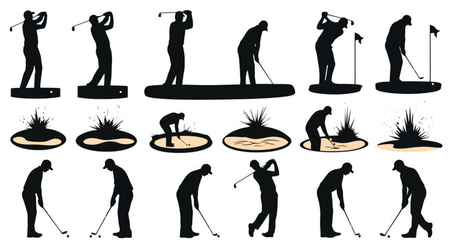 Golf silhouettes in various poses and sand traps.