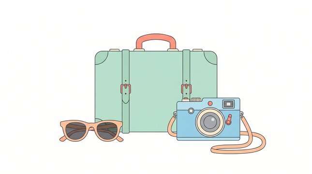 Minimalist vector illustration of travel essentials featuring a vintage green suitcase a retro blue camera and stylish peach sunglasses on a clean white background for vacation holiday conce