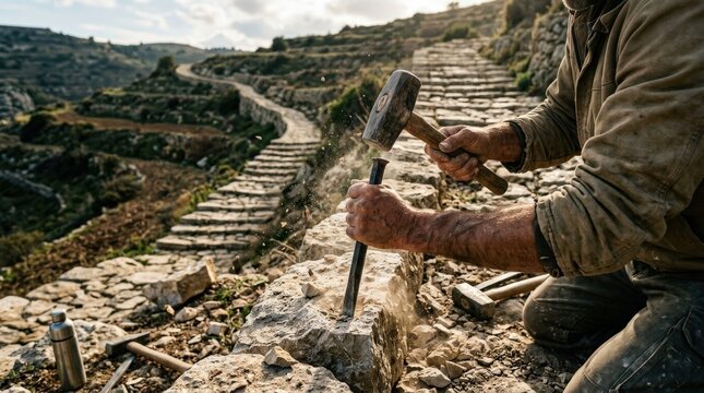 A symbolic scene of effort and progress, hands or tools engaged in steady work, textured surfaces and forward motion, focused directional light and determined atmosphere, ultra-realistic, no logos.