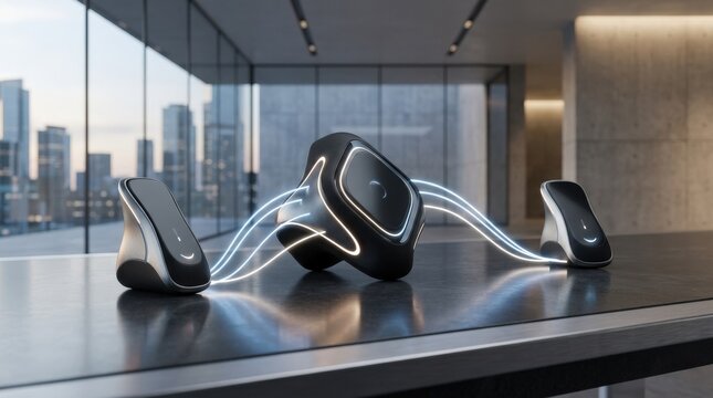A sleek modern product scene symbolizing connection, polished materials, elegant composition, luminous accents and a forward-thinking innovative atmosphere, ultra-realistic, no logos.