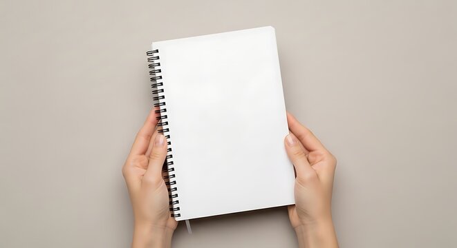 White Spiral Notebook Held by Hands on Neutral Desk