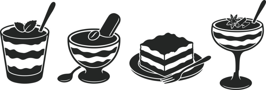 Collection of four delicious desserts in glasses and on plate.
