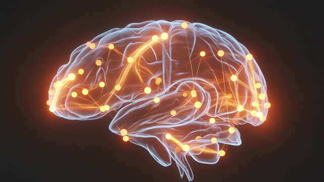 Human brain outline filled with interconnected glowing orange nodes and lines, neural network communication concept, isolated on white.