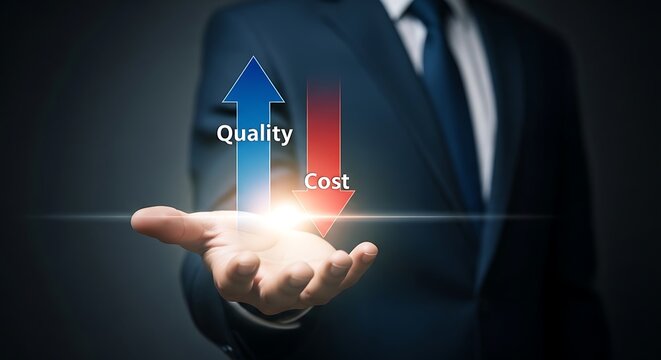 Businessman's hand upward blue arrow for and downward red arrow for cost holding displaying showing