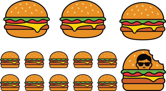 Cartoon hamburger collection with large and small burgers, playful food illustration featuring bite detail and humorous character