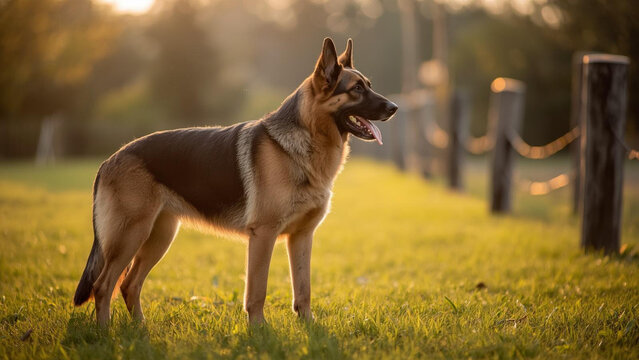 Golden hour lighting
A German Shepherd in three-quarter profile facing right, placed on the left side, standing on vibrant grass. Warm golden hour sunlight casts soft glowing highlights on its tan and