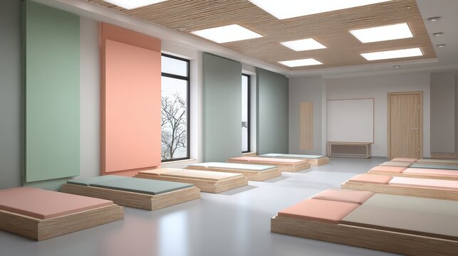 empty preschool room, minimalistic furniture, rounded edges, soft neutral and pastel palette, fresh and gentle look
