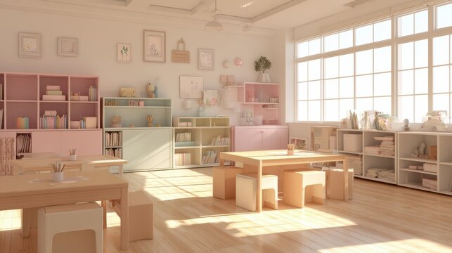 empty preschool classroom, minimal decor, tidy shelves, soft neutral and pastel tones, bright natural light, clean and cute environment 