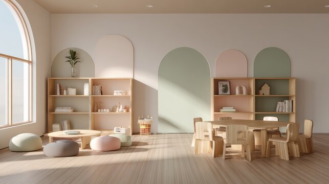 empty preschool room, minimalistic furniture, rounded edges, soft neutral and pastel palette, fresh and gentle look 