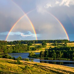 Fototapeta premium A serene landscape with a double rainbow over a lake