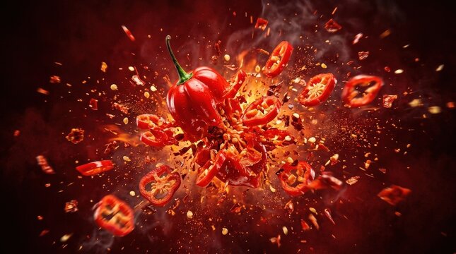 A whole red habanero pepper exploding into sliced pieces and chili flakes against a dark red background, fiery motion and intense spicy atmosphere, ultra-realistic, no logos.